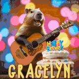 Animated birthday GIF showing a capybara playing guitar and singing beside a birthday cake with the name Gracelyn in large letters and colorful bokeh lights in the background.