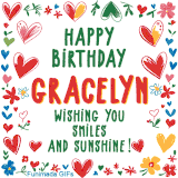 A colorful animated card for Gracelyn’s birthday featuring playful hearts, cheerful flowers, and a handwritten message wishing smiles and sunshine.