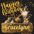 Celebrate Gracelynn's birthday with a GIF featuring chocolate cake, a lit sparkler, and golden stars