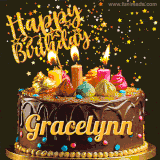 A delightful chocolate birthday cake with bright candles and 'Happy Birthday Gracelynn' written in gold amidst a shower of animated stars.