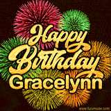 Golden text reading 'Happy Birthday Gracelynn' surrounded by vibrant fireworks in red, green, and yellow, set against a dark background in this celebratory birthday GIF.