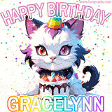 Adorable party-themed animated cat next to a lit birthday cake with text that says 'Happy Birthday Gracelynn,' surrounded by colorful decorations and sparkles.