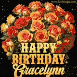 Animated bouquet of orange roses with moving butterfles and golden 'Happy Birthday Gracelynn' text, surrounded by sparkling accents and a dark backdrop for a luxurious feel.