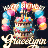 Bright birthday animation for Gracelynn with a chocolate cake, candles, balloons, and glowing celebratory lights.