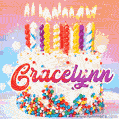 Personalized for Gracelynn elegant birthday cake adorned with rainbow sprinkles, colorful candles and glitter