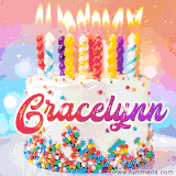 A cheerful white birthday cake with multicolor sprinkles, lit candles, and 'Gracelynn' written in vibrant letters, in an animated GIF.