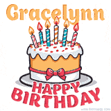 Cartoon birthday cake with a red bow, glowing candles, and 'Gracelynn Happy Birthday' text in bold animated style.