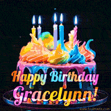 A mesmerizing animated cake with multicolor frosting and candles, and the words 'Happy Birthday Gracelynn' on the black background.