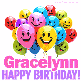 Animated colorful and joyful birthday balloons with cheerful smiles and a bright 'Happy Birthday Gracelynn!' message in pink and purple.