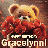 Cinematic style cute animated teddy bear with charming features holding a large bouquet of red roses, the words say 'Happy Birthday Gracelynn' in sans serif font.