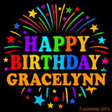 Personalized greeting card with name, colorful text that says 'Happy Birthday Gracelynn' surrounded by animated fireworks and multicolor stars