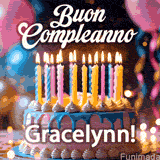 Birthday cake topped with pink and yellow lit candles, surrounded by glowing bokeh lights and party balloons. The greeting 'Buon Compleanno Gracelynn GIF!' is displayed.