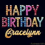 Vibrant luxury birthday greeting card for Gracelynn, showing glittering gemstone letters and golden calligraphy on a dark background with twinkling shine effects.