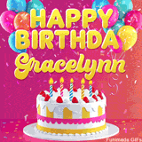 Pink-themed animated greeting with balloons, confetti, and a frosted cake under the message 'Happy Birthday Gracelynn' in bold rounded yellow font.