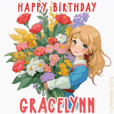 Bright floral birthday animation for Gracelynn showing a cute cartoon girl with golden hair and expressive eyes holding a huge bouquet, surrounded by birthday text.