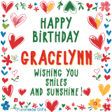 A colorful animated card for Gracelynn’s birthday featuring playful hearts, cheerful flowers, and a handwritten message wishing smiles and sunshine.
