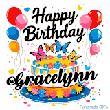An animated birthday card for Gracelynn. It features a festive cake with her name, 'Gracelynn', and colorful butterflies. Floating balloons and hearts complete the joyful scene.