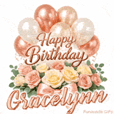 Elegant 3D rose gold text saying Happy Birthday Gracelynn surrounded by balloons