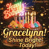 An animated birthday card featuring a detailed chocolate cake under falling gold dust, personalized for Gracelynn.