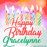 Bright birthday candles with rainbow flames on a cake, alongside the text 'Happy Birthday Gracelynne' in vibrant script in this celebratory animated GIF.