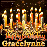 A glowing personalized birthday GIF with name Gracelynne featuring lit candles with intricate designs, warm lighting, and the text 'Happy Birthday' in an elegant font.
