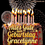 A chocolate birthday cake with glowing candles, the German text 'Alles Gute zum Geburtstag Gracelynne,' and vibrant fireworks lighting up the background in an animated GIF.