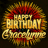 Golden 'Happy Birthday Gracelynne' text accompanied by animated rainbow fireworks for a festive animated greeting.