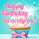 A festive cupcake with pink icing, a gingham bow, and a lit animated sparkler, paired with 'Happy Birthday Gracelynne!' in bright pink text.