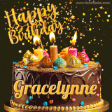 A delightful chocolate birthday cake with bright candles and 'Happy Birthday Gracelynne' written in gold amidst a shower of animated stars.