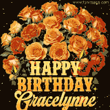 Animated bouquet of orange roses with moving butterfles and golden 'Happy Birthday Gracelynne' text, surrounded by sparkling accents and a dark backdrop for a luxurious feel.