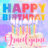 A vibrant animated name GIF with the words 'Happy Birthday Gracelynne' with colorful candles on a creamy cake. The background sparkles with pastel shades, adding a festive touch.