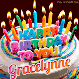 A colorful birthday cake topped with lit candles, with the words 'Happy Birthday Gracelynne' in bold glowing letters on a burgundy background. Animated flames add a festive touch.