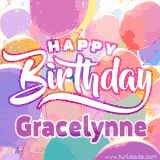 A vibrant name GIF featuring colorful balloons in shades of pink, orange, and yellow with the bold text 'Happy Birthday Gracelynne' in festive fonts, creating a lively birthday vibe.