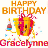 A vibrant and funny gift box character with a happy face dancing with a cupcake and the text 'Happy Birthday Gracelynne,' surrounded by animated confetti and party vibes.