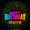 A colorful animated GIF featuring the text 'Happy Birthday Gracen!' in rainbow colors with a dynamic iridescent firework display in the background.