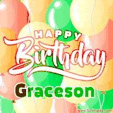 Animated GIF featuring colorful balloons in the background with the cheerful text 'Happy Birthday Graceson'.