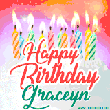 Bright birthday candles with rainbow flames on a cake, alongside the text 'Happy Birthday Graceyn' in vibrant script in this celebratory animated GIF.