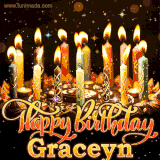 A glowing personalized birthday GIF with name Graceyn featuring lit candles with intricate designs, warm lighting, and the text 'Happy Birthday' in an elegant font.