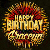 Golden 'Happy Birthday Graceyn' text accompanied by animated rainbow fireworks for a festive animated greeting.