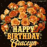 Animated bouquet of orange roses with moving butterfles and golden 'Happy Birthday Graceyn' text, surrounded by sparkling accents and a dark backdrop for a luxurious feel.