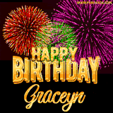 A golden 'Happy Birthday Graceyn' message with vibrant fireworks in the background, creating a festive and celebratory vibe in this animated name GIF.