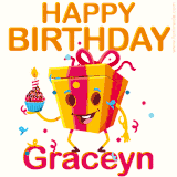A vibrant and funny gift box character with a happy face dancing with a cupcake and the text 'Happy Birthday Graceyn,' surrounded by animated confetti and party vibes.