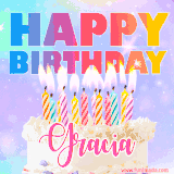 A vibrant animated name GIF with the words 'Happy Birthday Gracia' with colorful candles on a creamy cake. The background sparkles with pastel shades, adding a festive touch.