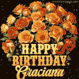 Animated bouquet of orange roses with moving butterfles and golden 'Happy Birthday Graciana' text, surrounded by sparkling accents and a dark backdrop for a luxurious feel.