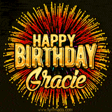 Golden 'Happy Birthday Gracie' text accompanied by animated rainbow fireworks for a festive animated greeting.