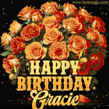 Animated bouquet of orange roses with moving butterfles and golden 'Happy Birthday Gracie' text, surrounded by sparkling accents and a dark backdrop for a luxurious feel.
