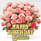 Golden 'Happy Birthday Gracie' text beneath a vibrant bouquet of orange roses, complete with glittering butterflies and sparkling details.