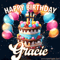 Hand-drawn happy birthday cake adorned with an arch of colorful balloons - name GIF for Gracie