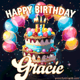Bright birthday animation for Gracie with a chocolate cake, candles, balloons, and glowing celebratory lights.