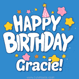 Colorful animated birthday card with the text 'HAPPY BIRTHDAY Gracie!' in a white playful font surrounded by stars, hearts, and a party hat on a blue background.